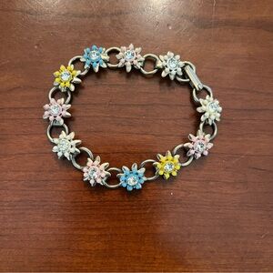 Vintage Pastel flower rhinestone chain bracelet pink blue white yellow daisy